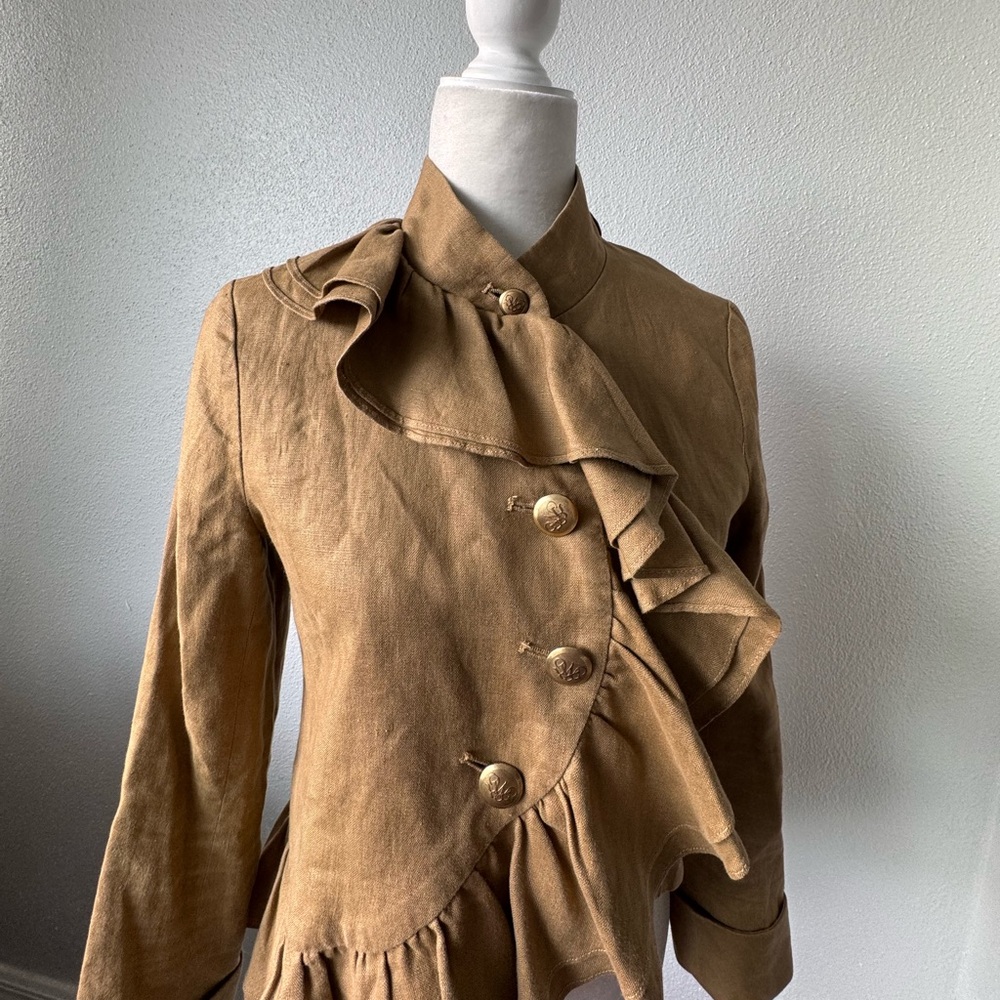 Anthropologie Ruffian Jacket Linen Silk Gold Blazer Asymmetric SZ 0 - Picture 4 of 11